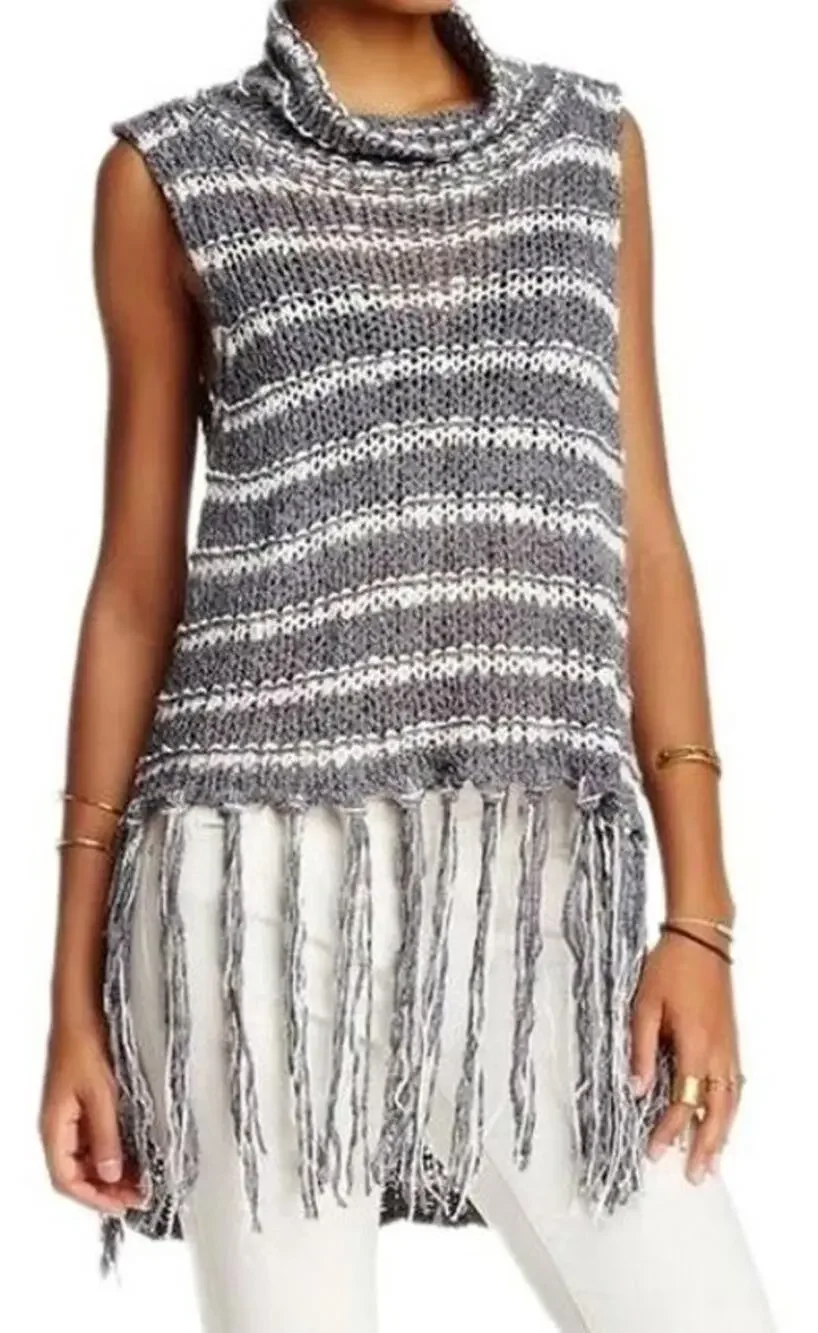 NWT Free People Folksong Midnight Striped Fringe Tunic Sweater Vest Size S